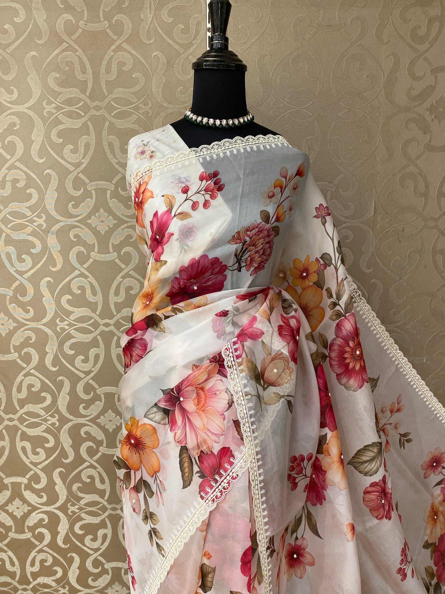 Off-White Organza Saree With Perl Work, With Unstitched Blouse