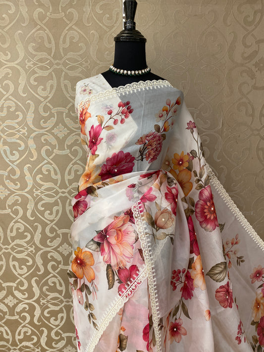 Off-White Organza Saree With Perl Work, With Unstitched Blouse