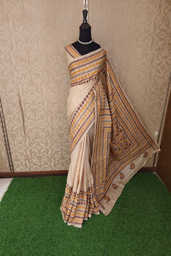 Off-White Tussar Embroidery Saree With Kantha Work Border, With Unstitched Blouse