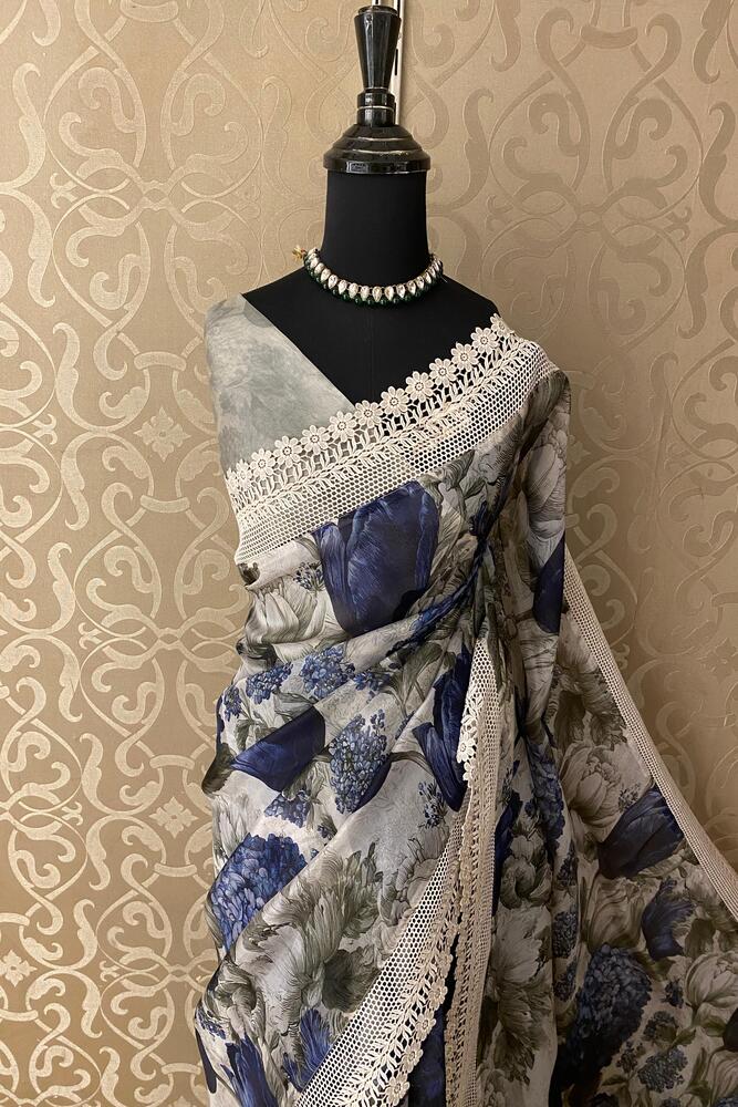 Grey Printed Organza Lace Work Saree, With Unstiched Blouse