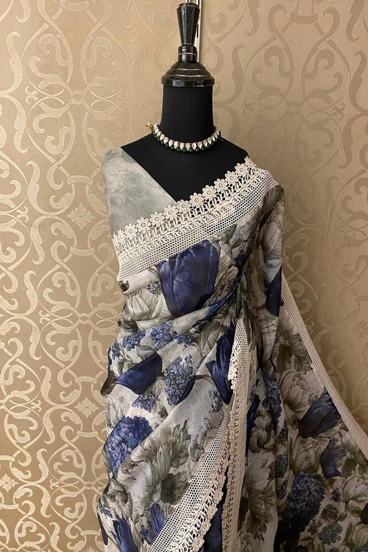 Grey Printed Organza Lace Work Saree, With Unstiched Blouse