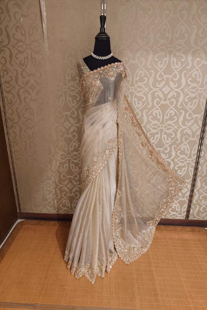 Off-White Soft Tissue Organza Silk Embroidery Saree, With Unstiched Blouse
