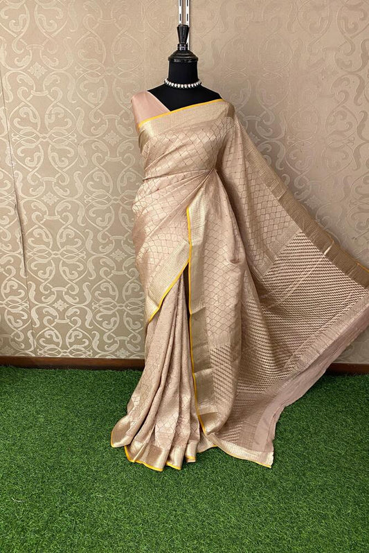 Beige Mysore Crepe Silk Banarasi Saree, With Unstiched Blouse
