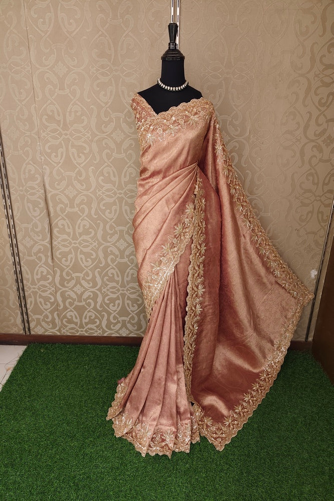 Golden Peach Tissue Kanjeevaram Silk Sarees With Embroidery Work, With Unstiched Blouse