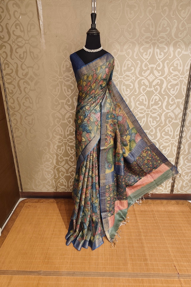 Grey Tussar Kalamkari Printed Work Saree, With Unstiched Blouse