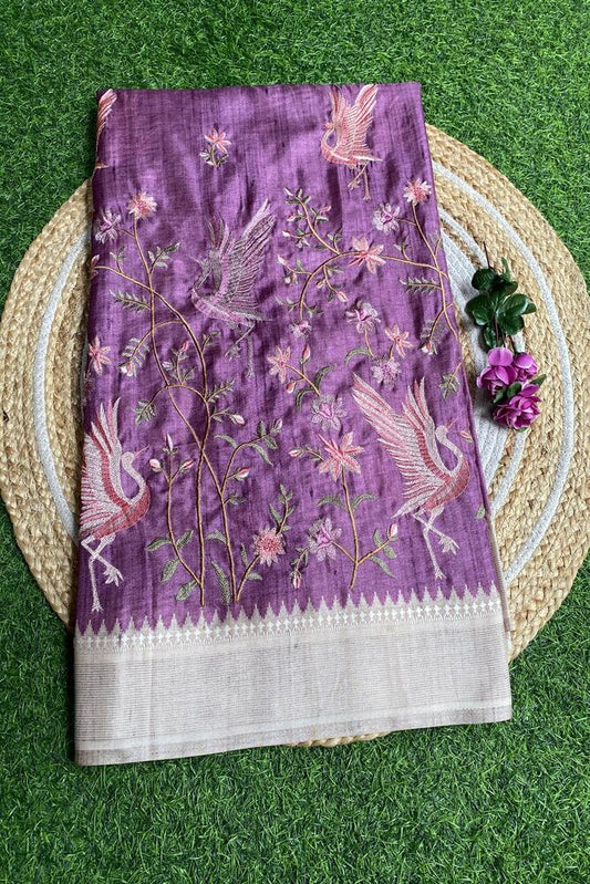 Purple Tussar Cotton Resham Work Saree, With Unstiched Blouse