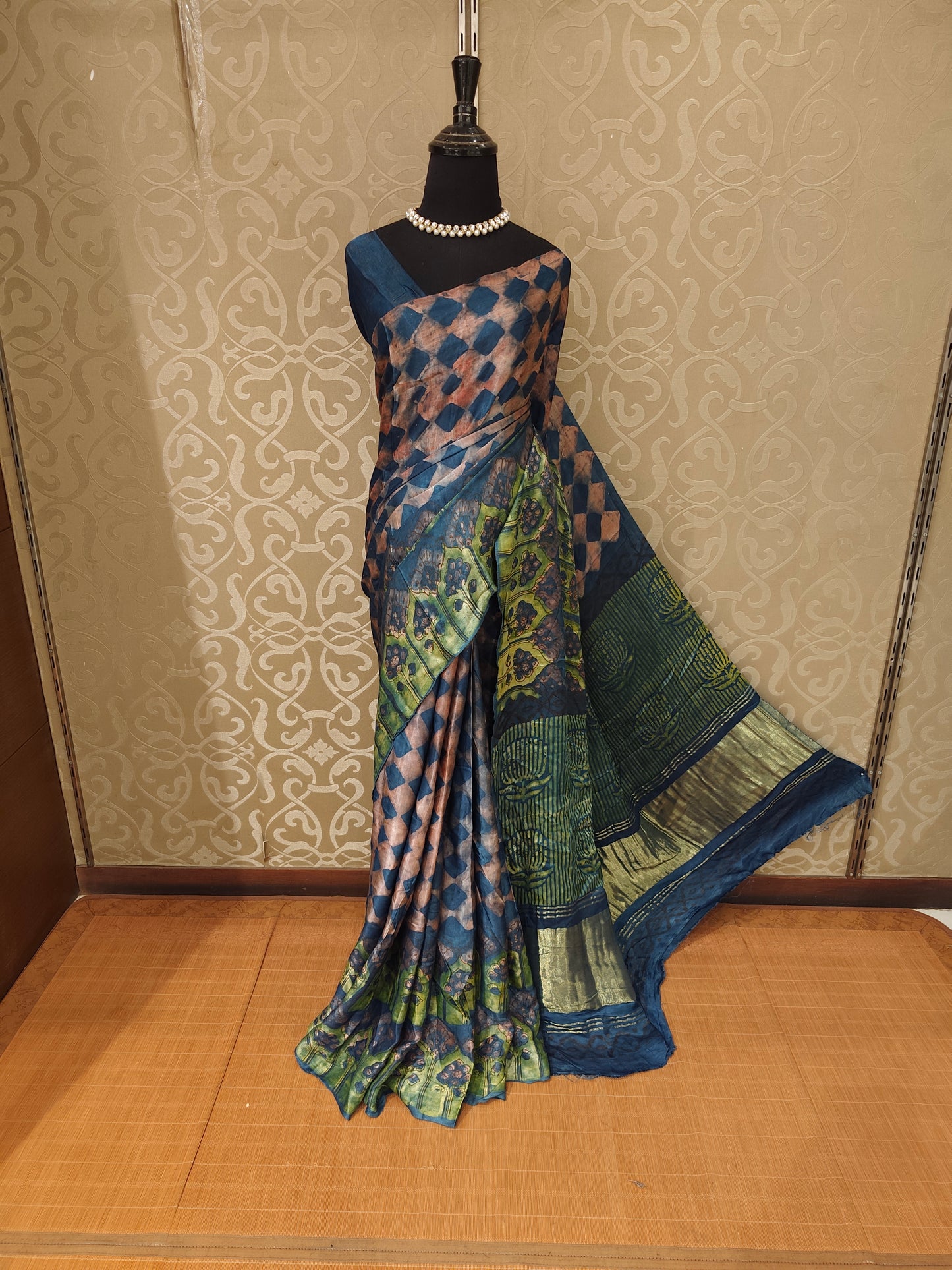 Orange & Blue Pure Modal Silk Ajrakh Printed Saree With Unstich Blouse