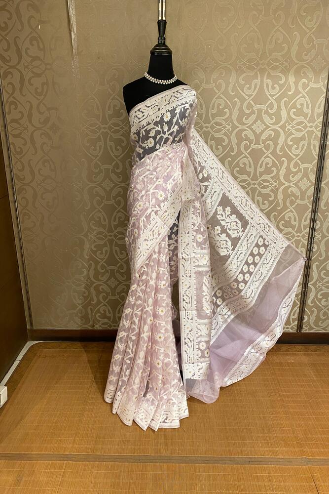 Lavender Muslin Jamdani Saree, With Unstiched Blouse