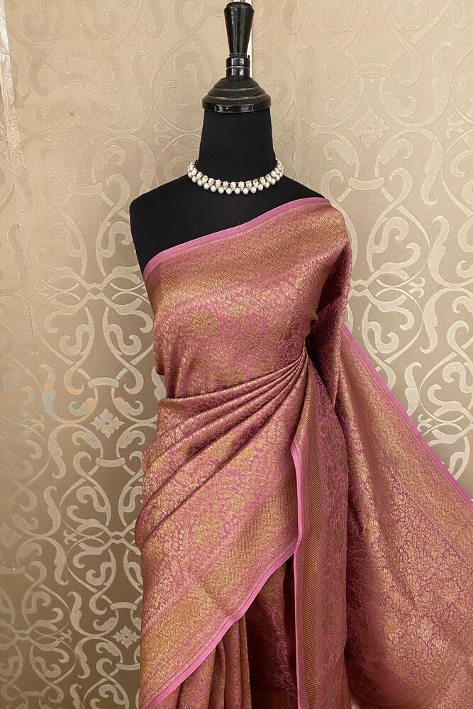 Purple Brocade Kora Banarasi Silk Saree, With Unstiched Blouse