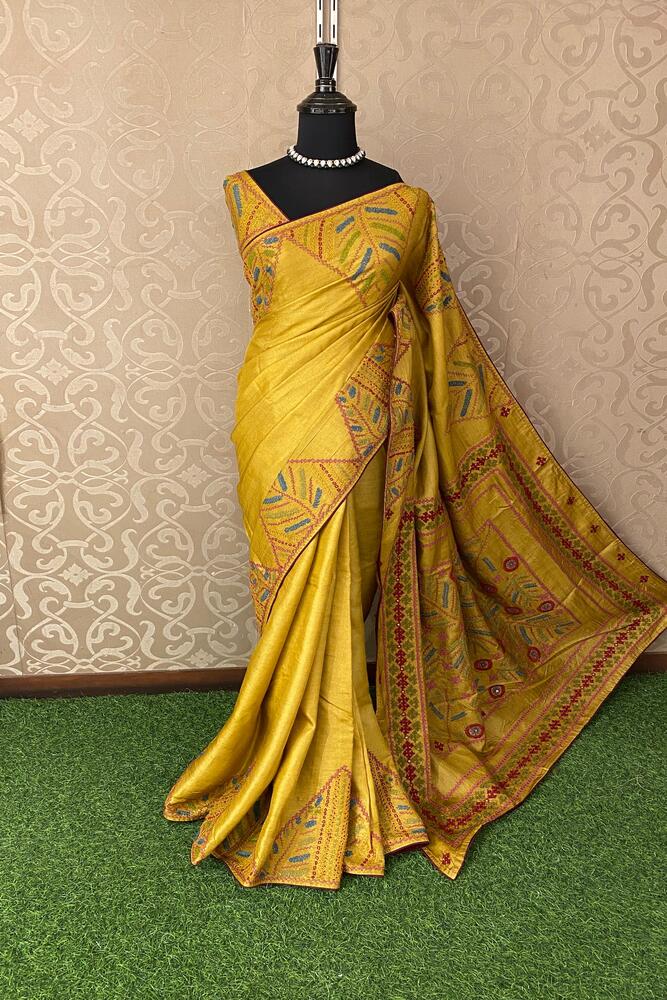 Mustard Yellow Tussar Embroidery Saree With Lambani Work Border, With Unstitched Blouse