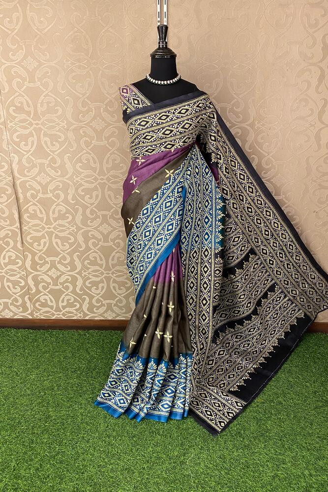 Violet & Grey Tussar Embroidery Saree With Kantha Work Border, With Unstitched Blouse