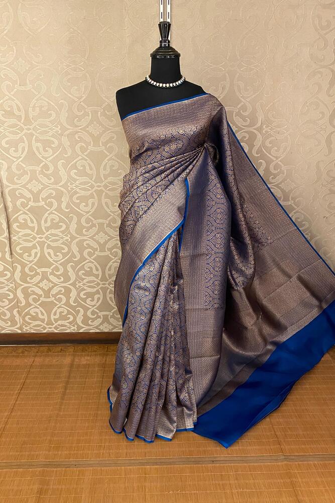 Deep Blue Brocade Kora Banarasi Silk Saree, With Unstiched Blouse
