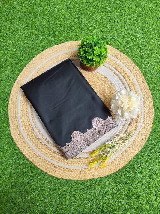 Black Semi Mashru Katan Silk Saree, With Unstiched Blouse