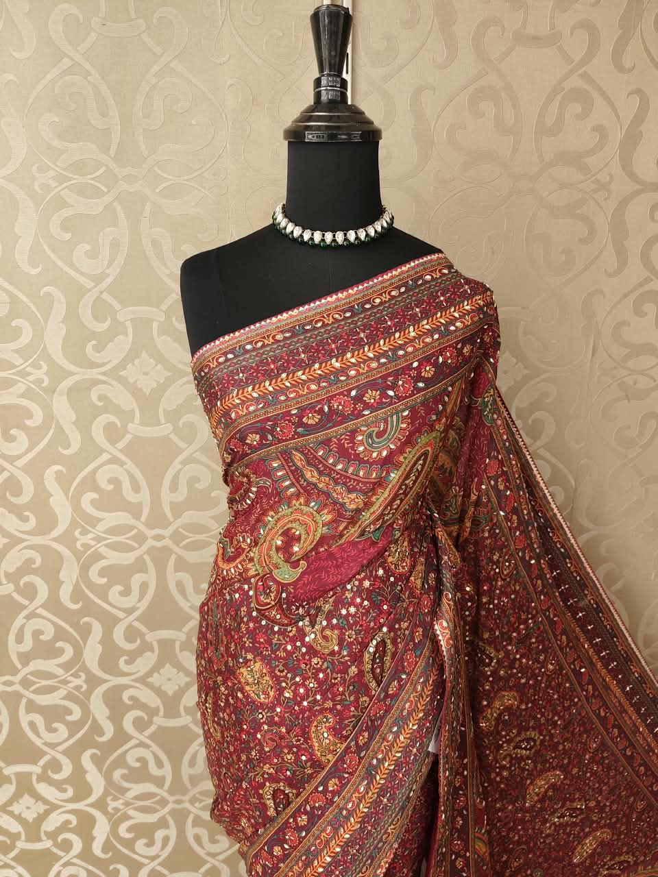 Wine & Multi Crepe Printed Stone Work Saree, With Readymade Blouse