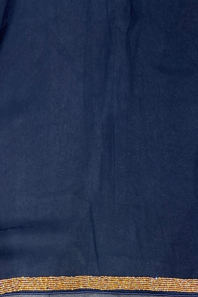 Navy Blue Georgette Saree With Kashmiri Work, With Unstiched Blouse