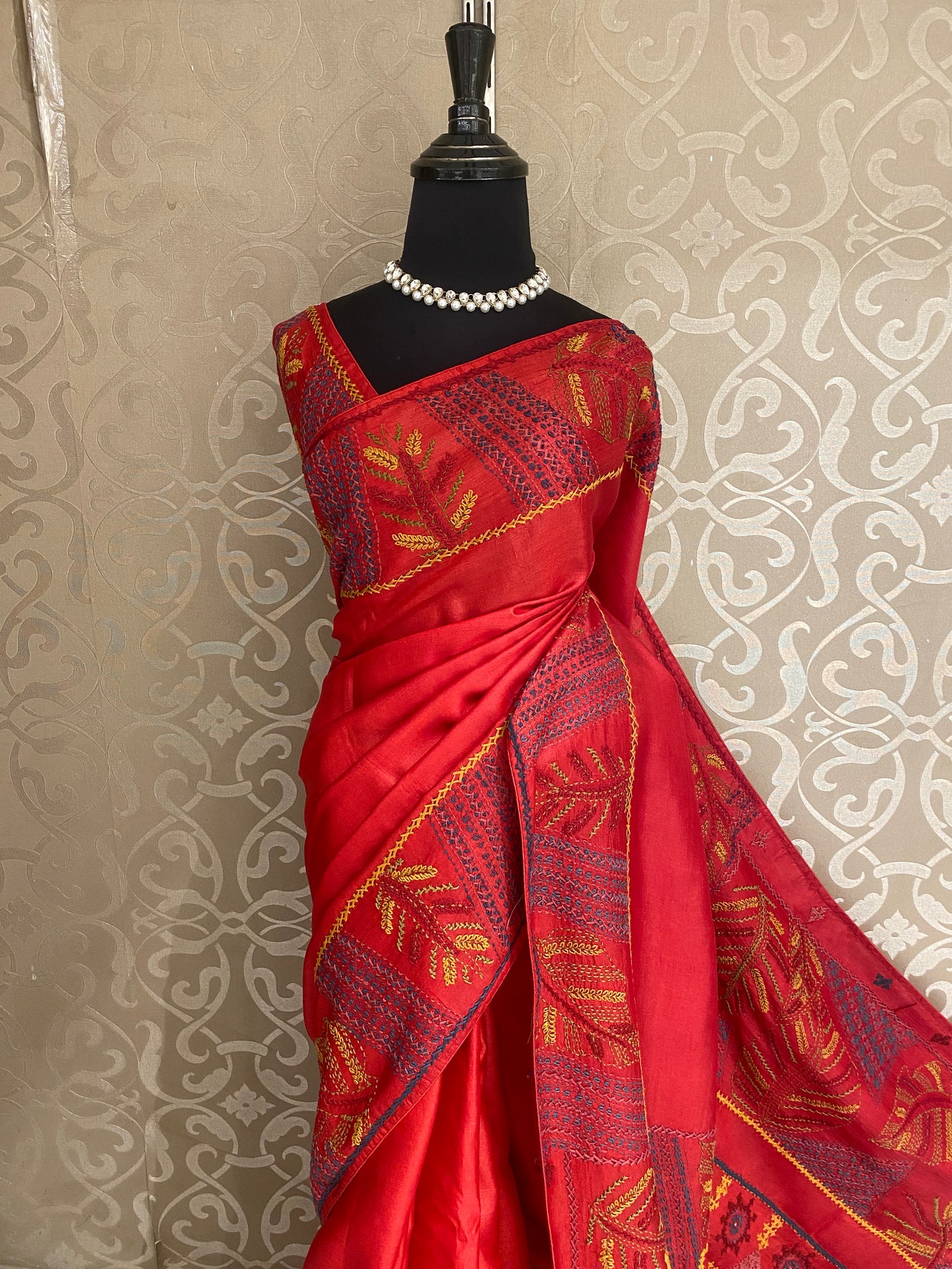 Red Tussar Embroidery Saree With Lambani Work Border, With Unstitched Blouse