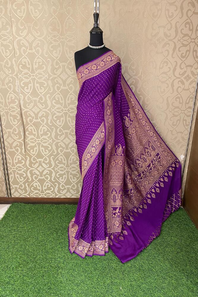 Purple Crepe Khaddi Banarasi Silk Saree With Unstiched Blouse