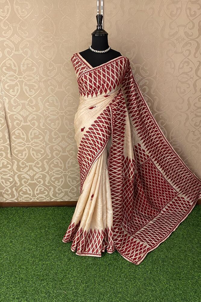 Off-White Tussar Embroidery Saree With Kathiawari Work Border, With Unstitched Blouse