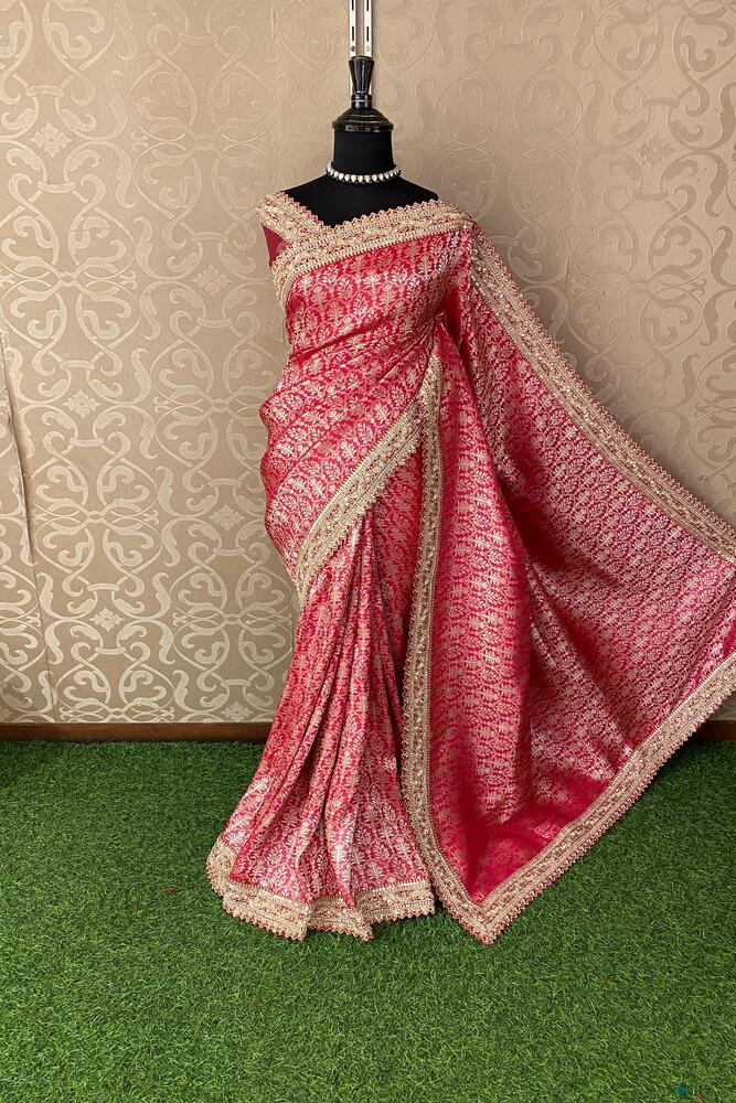 Rani Banarasi Silk Saree With Zardosi Embroidery Work, With Unstiched Blouse
