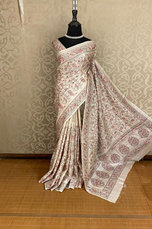 Beige Tussar Resham Embroidery Saree, With Unstiched Blouse