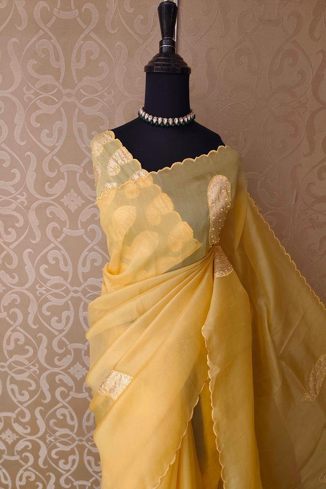 Yellow Organza Saree With Appliqué Work, With Two Unstitched Blouse