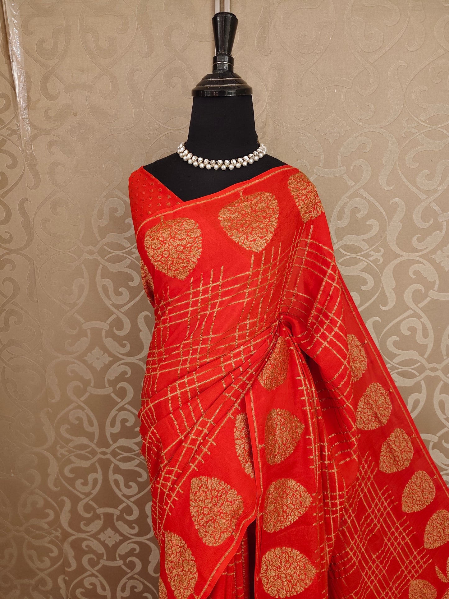 Cherry Red Mysore Crepe Silk Banarasi Saree, With Unstiched Blouse
