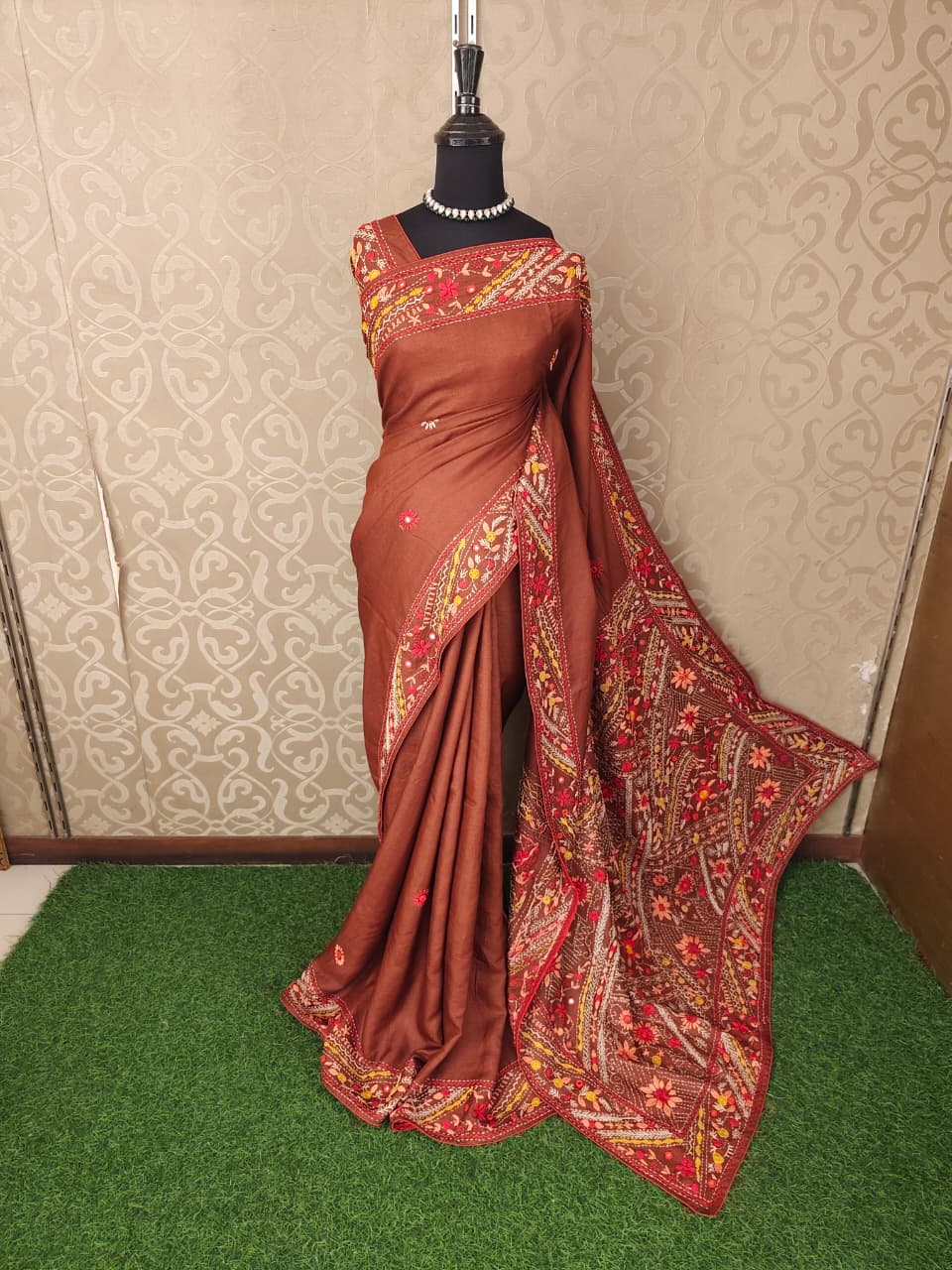 Rust Brown Tussar Embroidery Saree With Lambani Work Border, With Unstitched Blouse