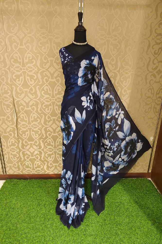 Dark Blue Floral Printed Chiffon Saree, With Unstiched Blouse Piece