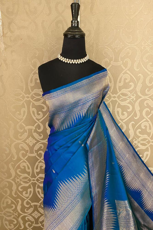 Blue Pure Kanjeevaram Silk Saree, With Unstiched Blouse