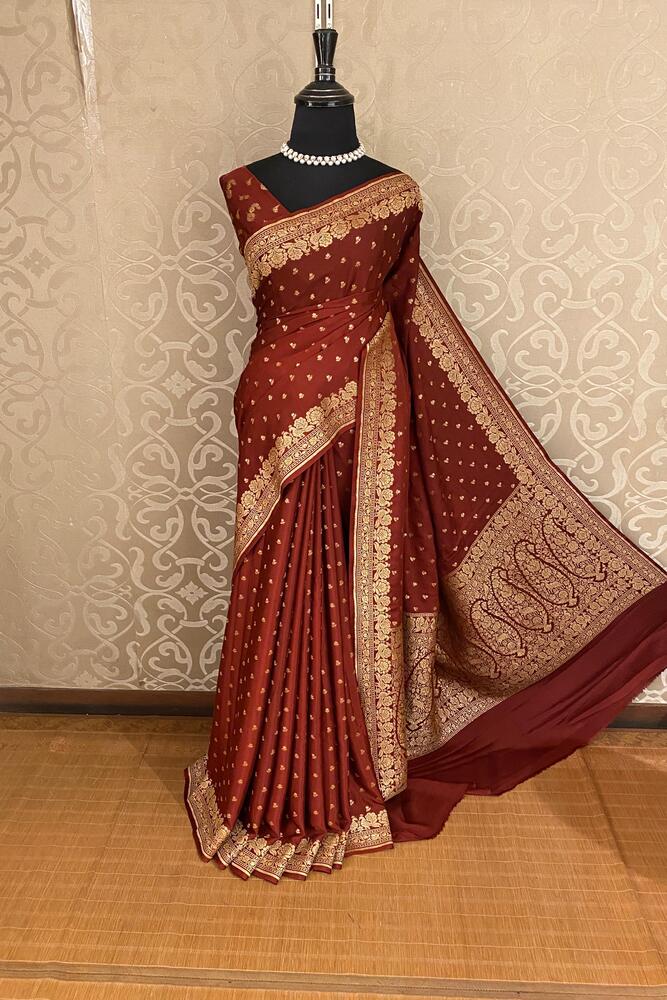 Deep Brown Mysore Crepe Silk Banarasi Saree, With Unstiched Blouse