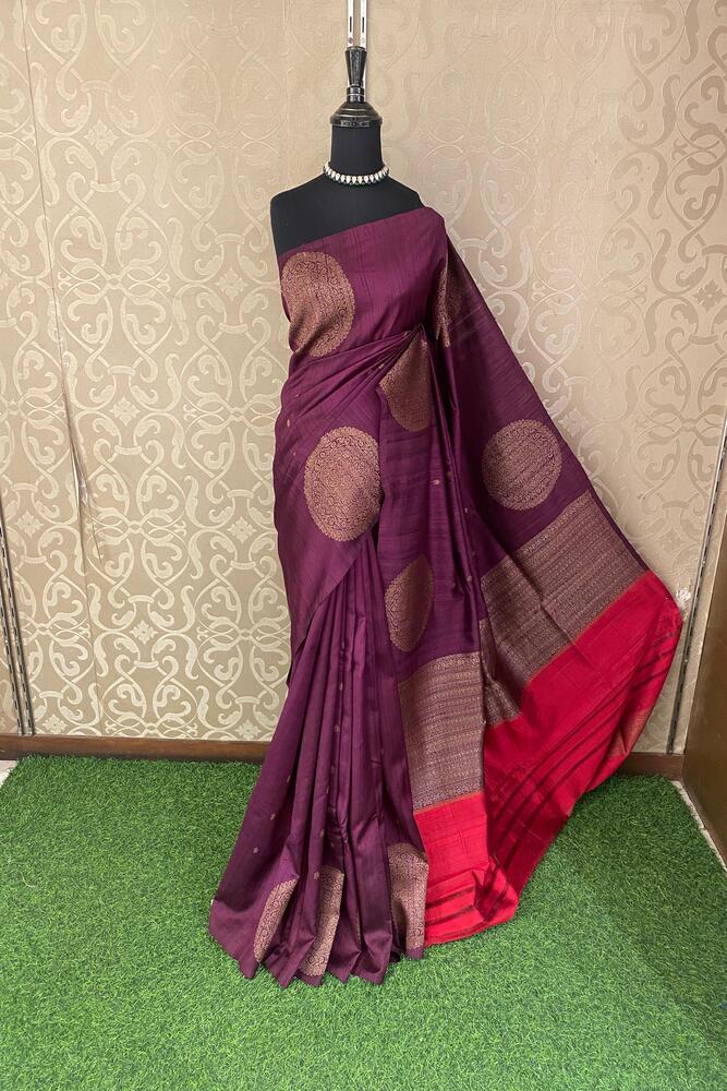 Deep Purple Pure Raw Tussar Banarasi Silk Saree, Hand Woven Motifs With Unstiched Blouse