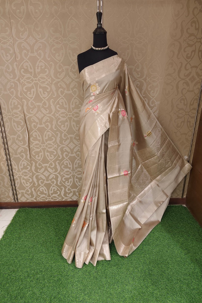 Grey Chiniya Silk Saree Hand Woven Butas, With Unstiched Blouse