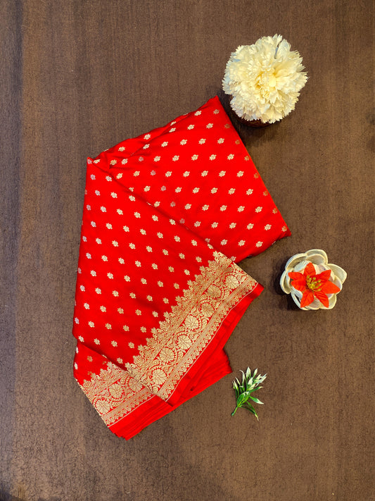 Cherry Red Semi Mashru Katan Silk Saree, With Unstiched Blouse
