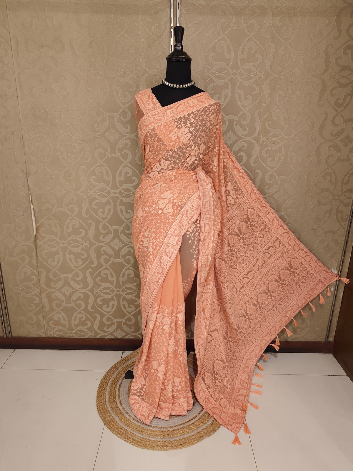 Peach Pink Georgette Chikankari Embroidery Saree, With Unstitched Blouse