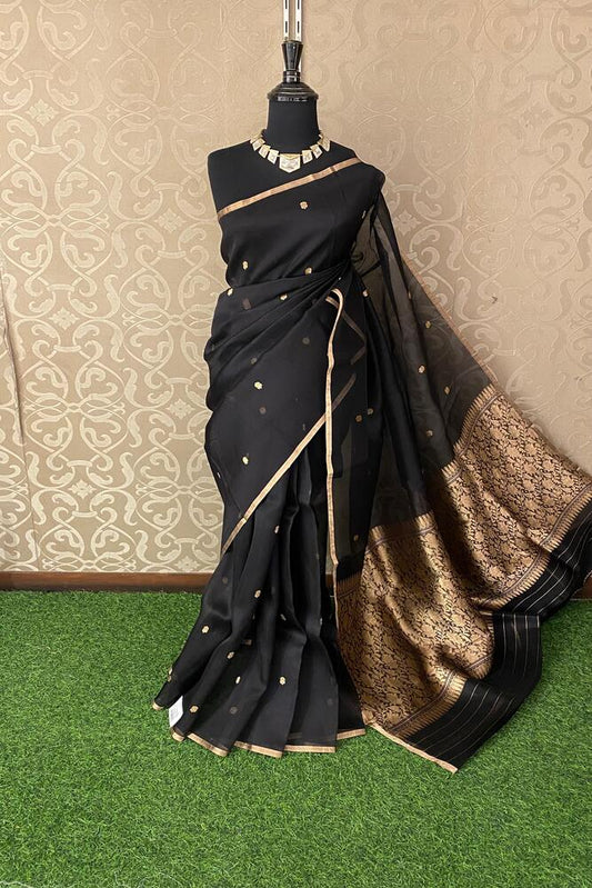 Black Kora Banarasi Silk Saree With Hand Weving Work, With Unstiched Blouse
