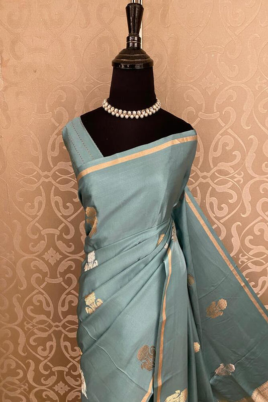 Light Blue Mashru Silk Banarasi Handloom Saree, With Unstiched Blouse