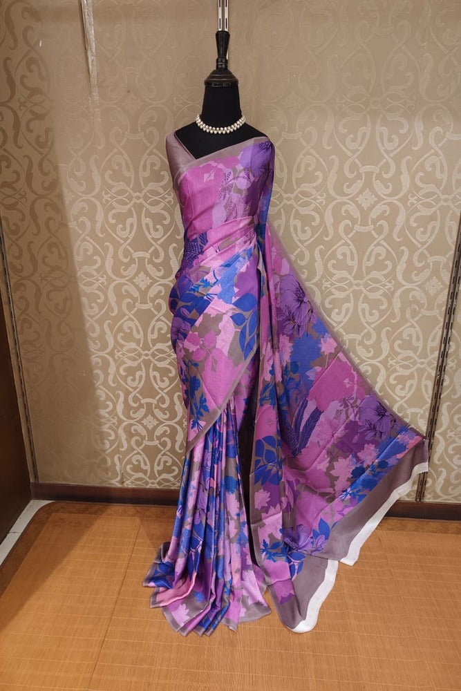 Purple & Multi Floral Printed Satin Crepe Saree, With Unstiched Blouse