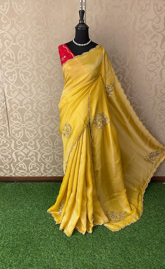 Yellow Tissue Silk Embroidery Saree, With Unstiched Blouse