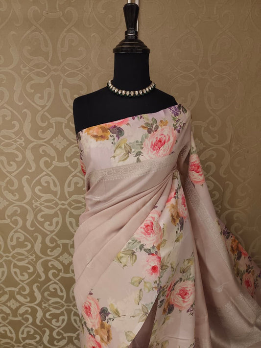 Off-White Tussar Banarasi Saree With Digital Mashru Border Print, With Unstiched Blouse