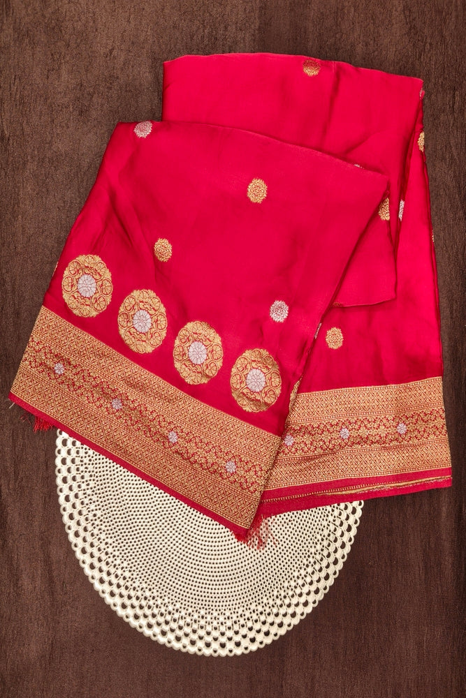 Red Semi Mashru Silk Sarees With Unstiched Blouse
