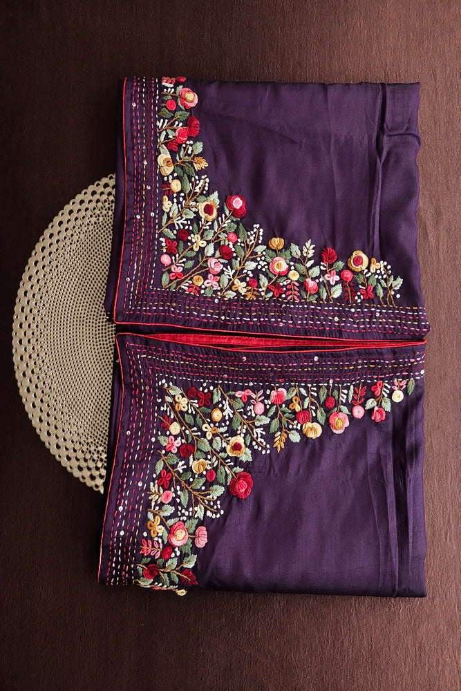 Deep Purple Semi Munga Silk French Knot Hand Embroidery Work Saree, With Unstiched Blouse