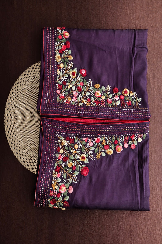 Deep Purple Semi Munga Silk French Knot Hand Embroidery Work Saree, With Unstiched Blouse