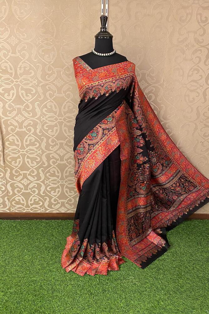 Black Pure Kani Handloom Silk Saree With Unstiched Jamewar Woven Blouse