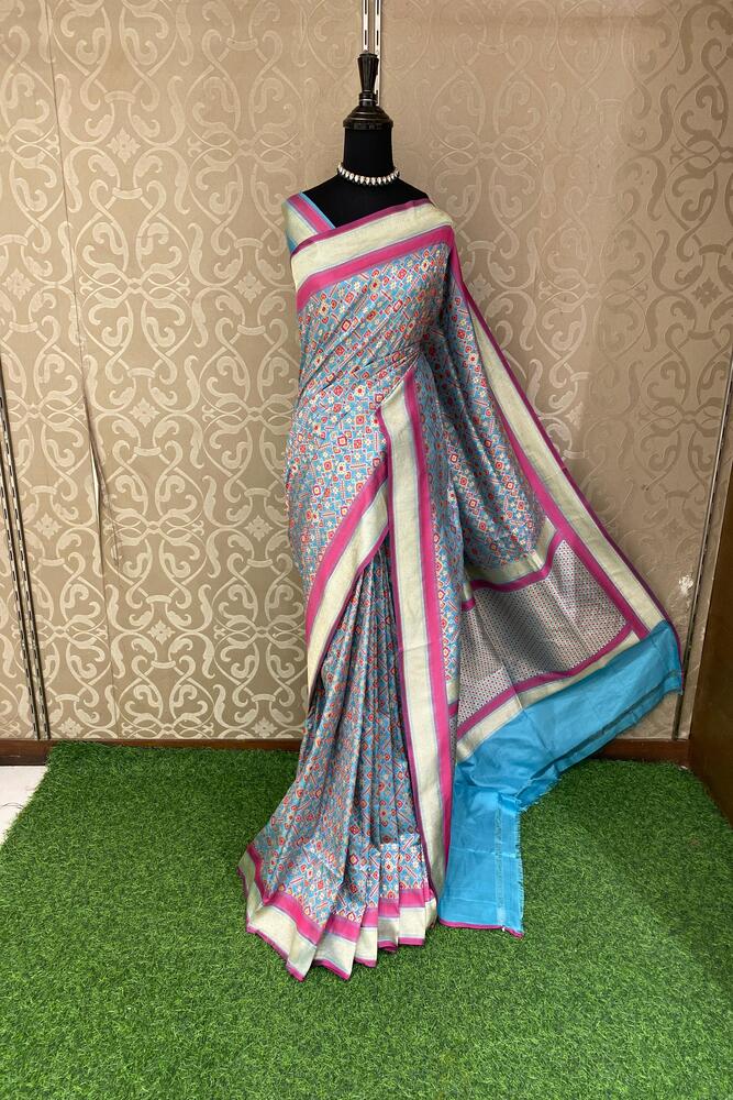 Sky & Multi Banarasi Silk Saree With Patola Concept, With Unstiched Blouse
