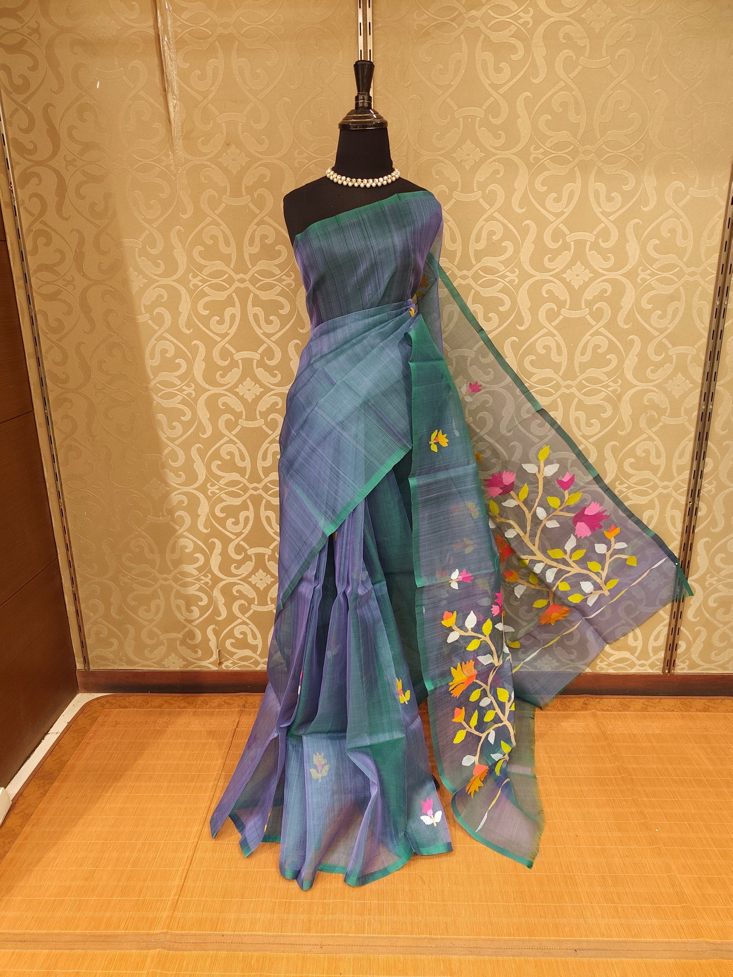 Purple & Green Gradient Muslin Dhakai Saree, Without Blouse