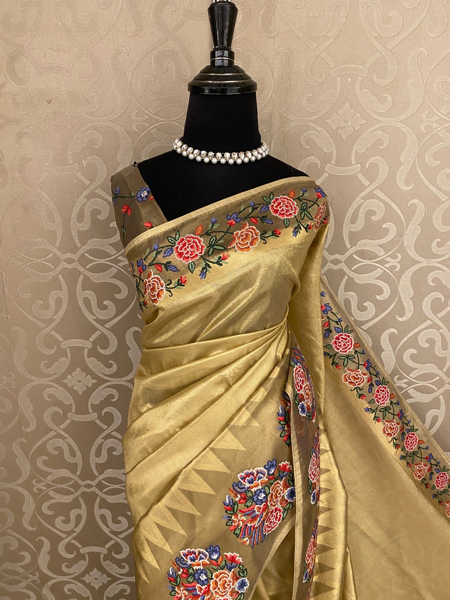 Golden Tissue Embroidery Saree, With Unstiched Blouse