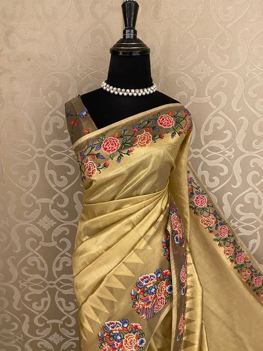 Golden Tissue Embroidery Saree, With Unstiched Blouse