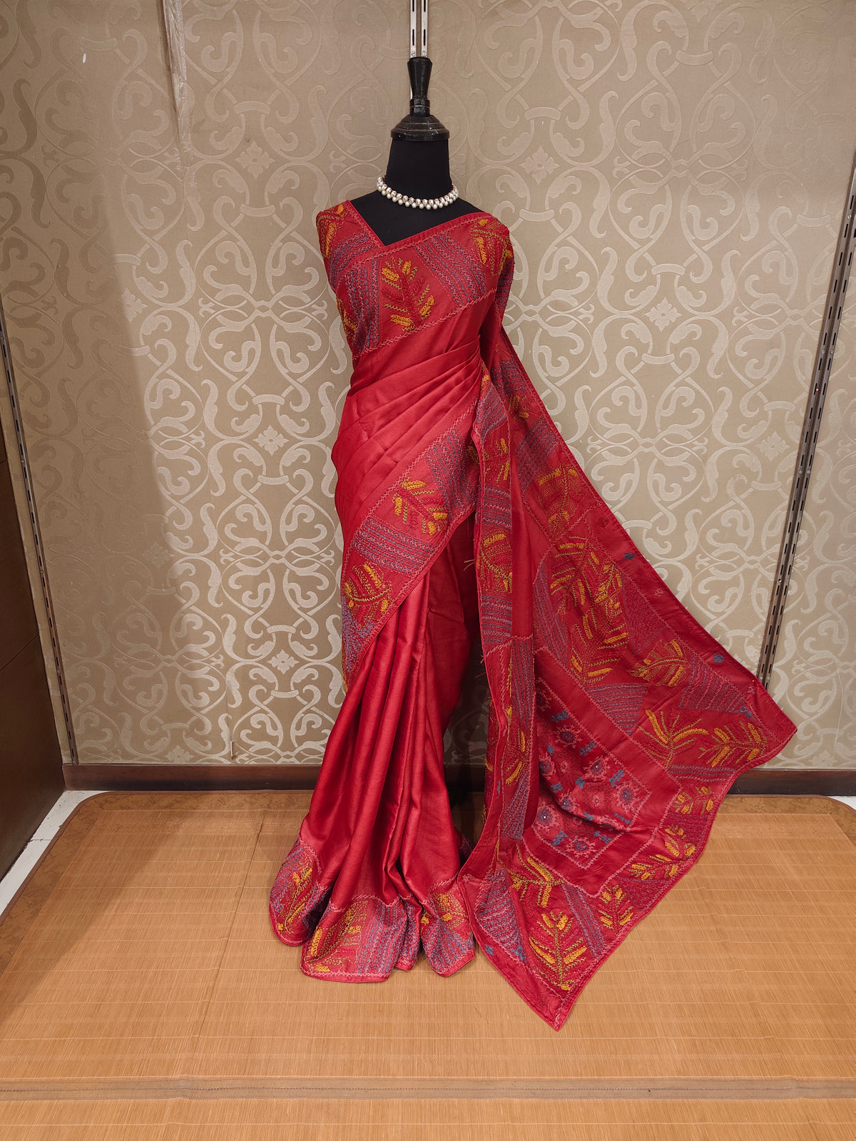 Red Tussar Hand Embroidery Saree, With Unstitched Blouse