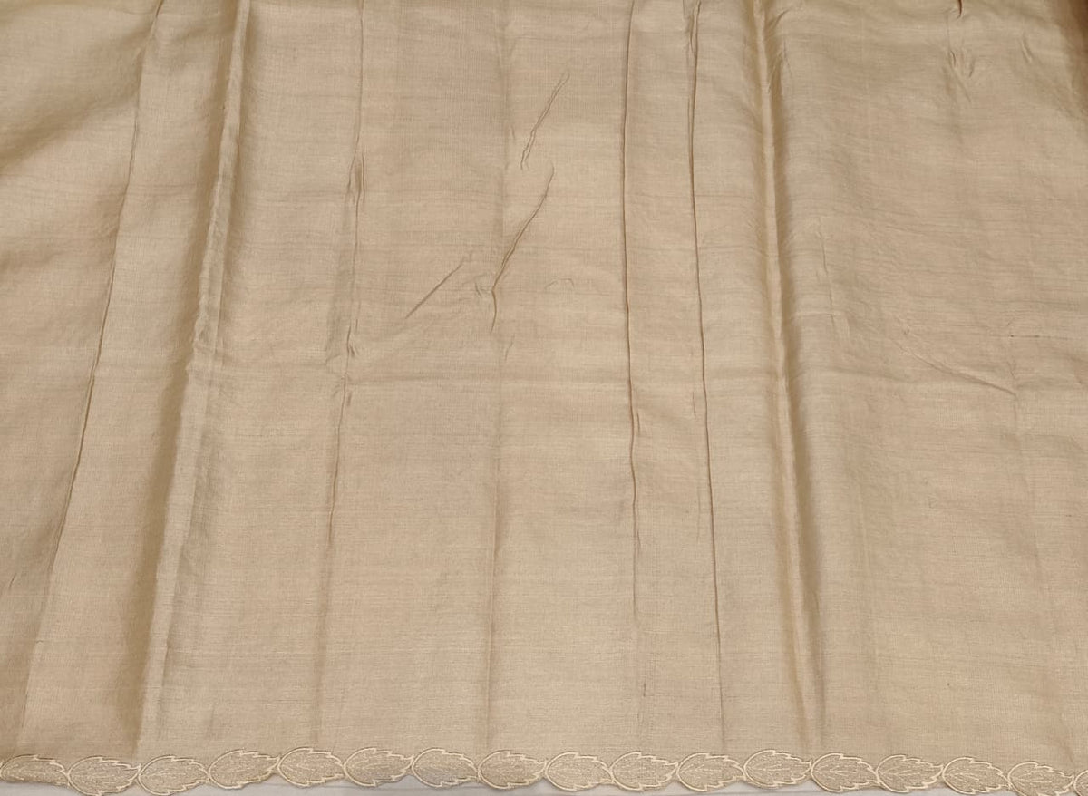 Beige Tussar Applique Work Saree, With Unstiched Blouse