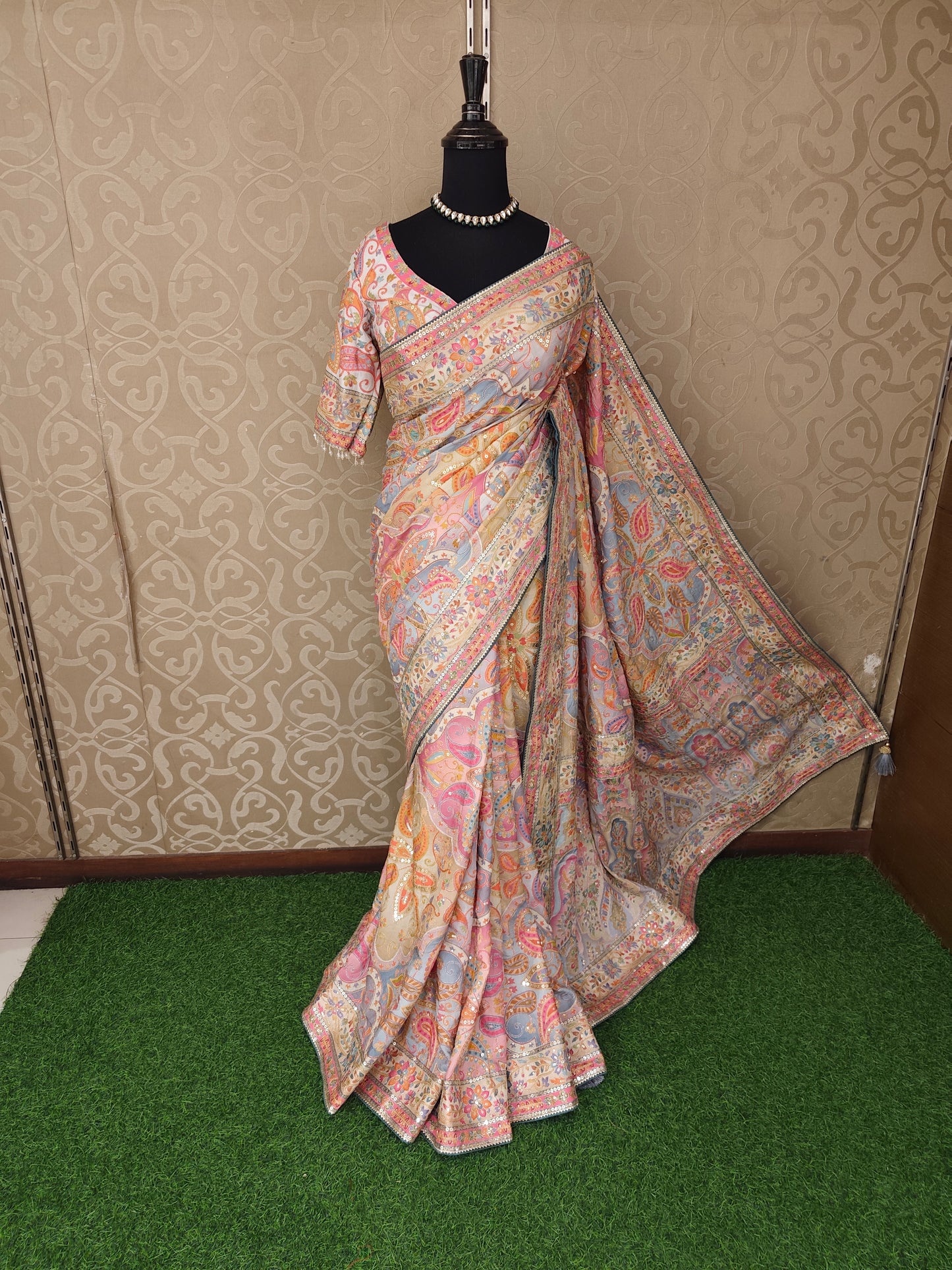 Multi Cocktail Satin Crepe Saree, With Unstiched Blouse